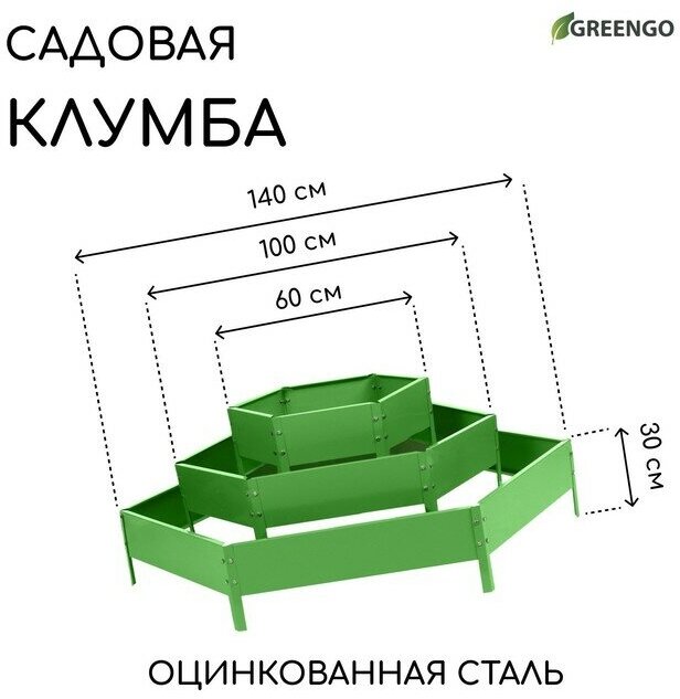 Клумба оцинкованная, 3 яруса, d = 60–100–140 см, h = 45 см, зелёная, Greengo