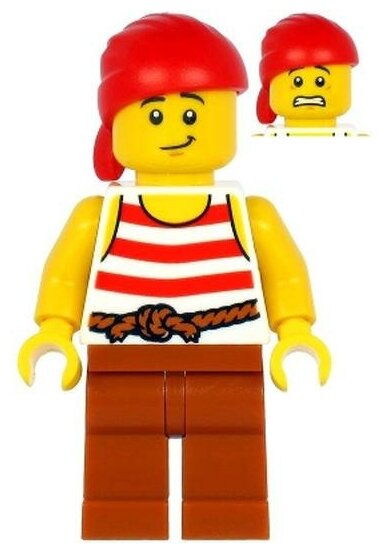 Минифигурка Лего Lego pi187 Pirate - Red Head Wrap, White Shirt with Red Stripes, Dark Orange Legs