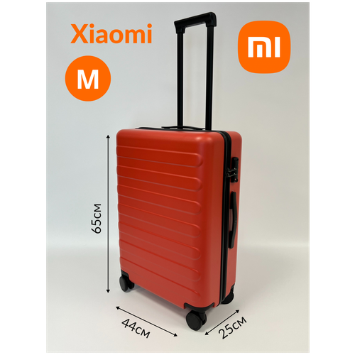 Чемодан-самокат Xiaomi, алюминий, поликарбонат, пластик, ABS-пластик, водонепроницаемый, опорные ножки на боковой стенке, жесткое дно, усиленные углы, износостойкий, рифленая поверхность, ребра жесткости, 66 л, размер M+, красный