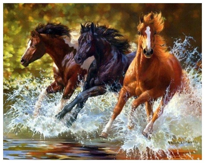 Алмазная мозаика 40x50 см. на холсте с подрамником. Тройка лошадей