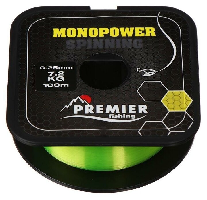 Леска Preмier fishing MONOPOWER Spinning, диаметр 0.28 мм, тест 7.2 кг, 100 м, флуоресцентная желтая