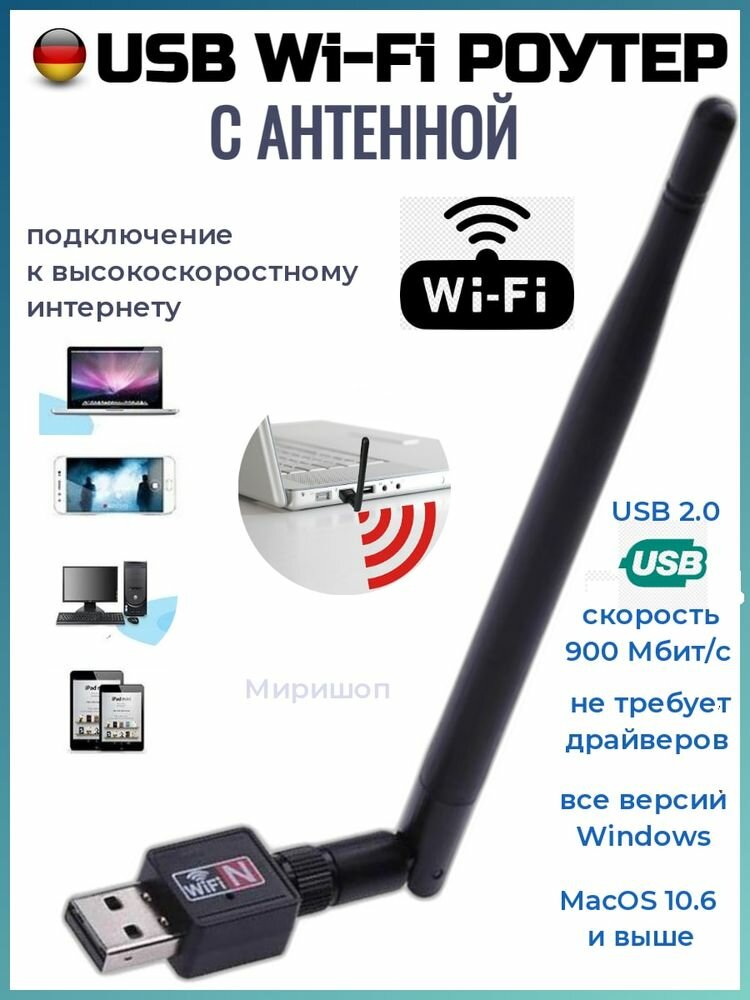 USB Wi-Fi роутер с антенной, 900 Мбит/с