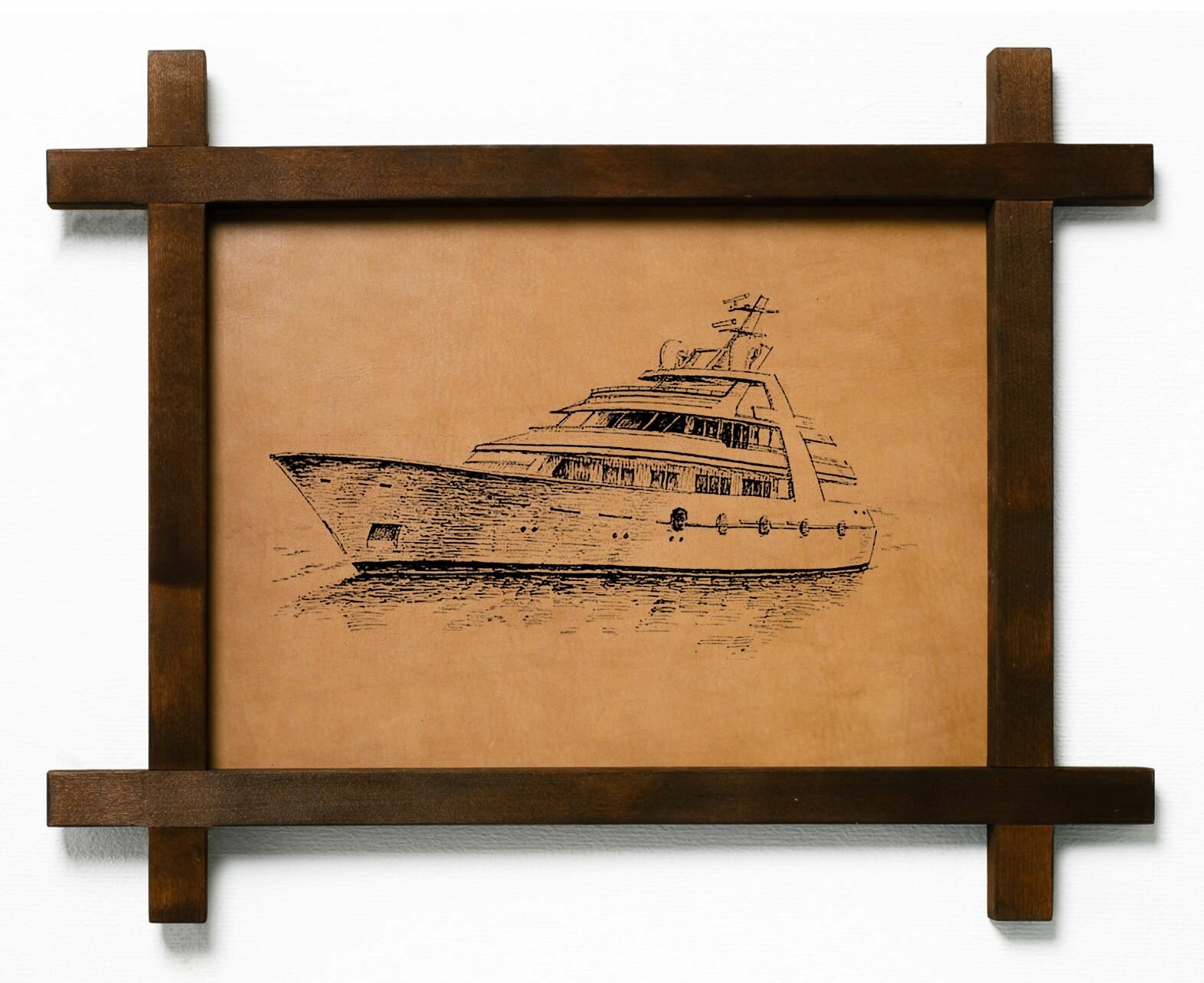 Картина "Корабль", интерьерная для украшения и декора на стену, в деревянной раме, подарок, натуральная кожа, BoomGift