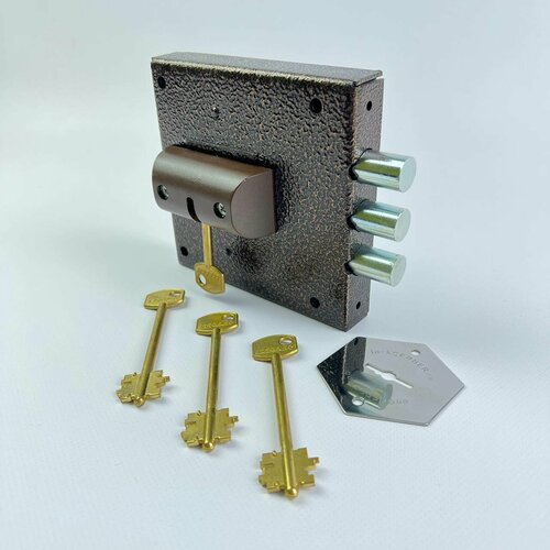 Дверной и гаражный замок накладной сувальдный с постоянным ключом CERBER С1-П БЗ ЗНУ-П 014 (3 ключа *60 мм ) без ответной планки