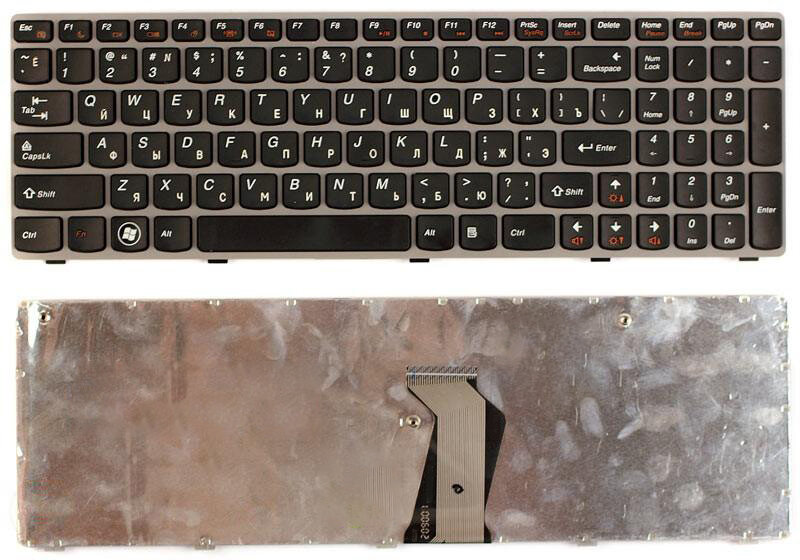 Клавиатура для Lenovo IdeaPad G770A черная с серой рамкой, ножка крепежа находится рядом со шлейфом