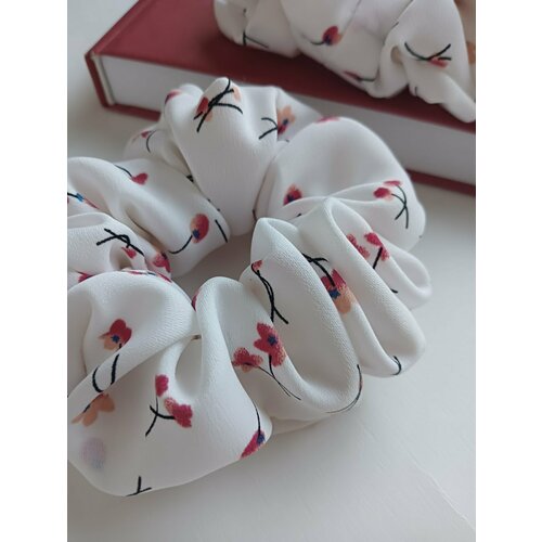 Резинка для волос, текстильная. Прадо. Красные цветы на белом.