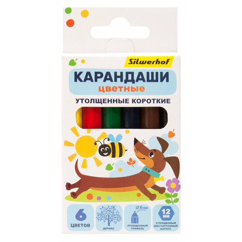 Карандаши цветные Silwerhof Jumbo Mini Веселые друзья 6мм шестигран. дерево ассорти 6цв. коробка/европод.