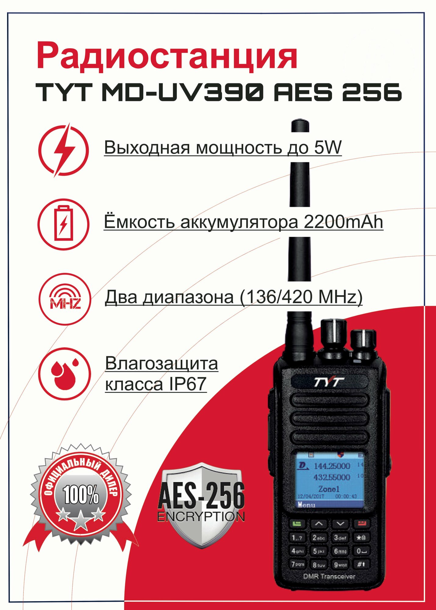 Портативная рация (радиостанция) TYT MD-390 DMR AES256