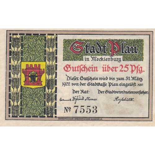 Германия (Веймарская Республика) Плау-ин-Мекленбург 25 пфеннигов 1922 г.