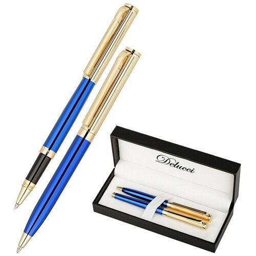 Набор Delucci Azzurro: ручка шарик, 1мм и ручка-роллер, 0,6мм, синие, корпус син/зол, подарочная упаковка