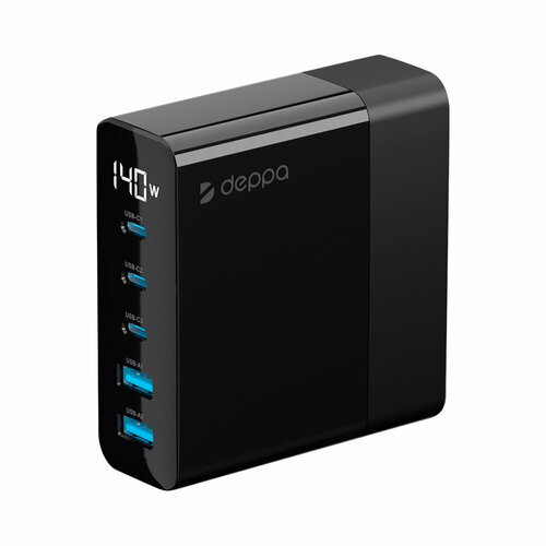 фото Зарядная станция charging station gan 3xusb type-c, 2xusb, pd, qc, 140вт, черный, deppa, deppa 11437
