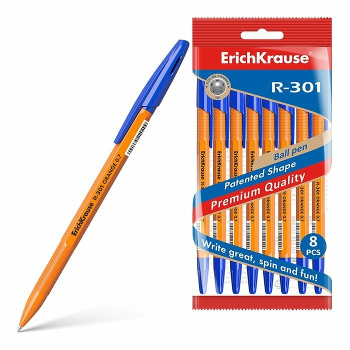 Набор ручек шариковых ErichKrause R-301 Orange Stick, 8 штук, узел 0.7 мм, цвет чернил синий (комплект из 8 шт)