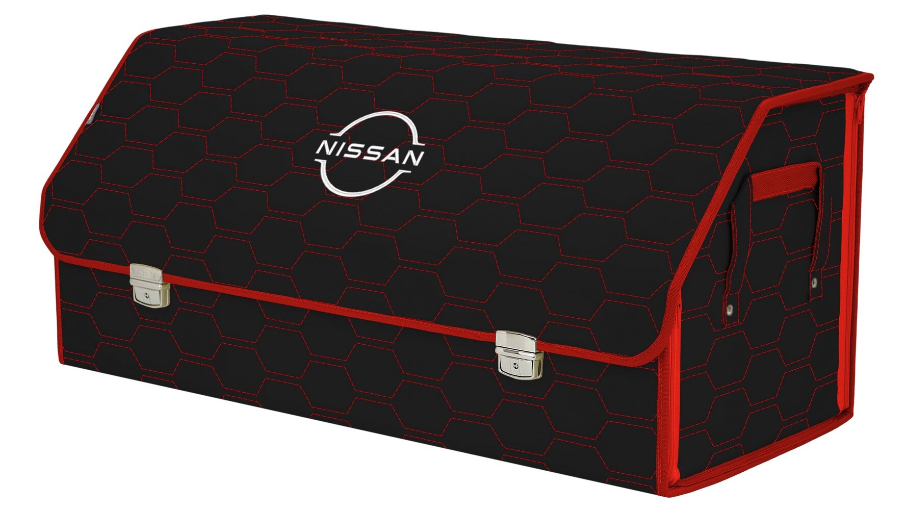 Органайзер-саквояж в багажник "Союз Премиум" (размер XXL). Цвет: черный с красной прострочкой Соты и вышивкой Nissan (Ниссан).