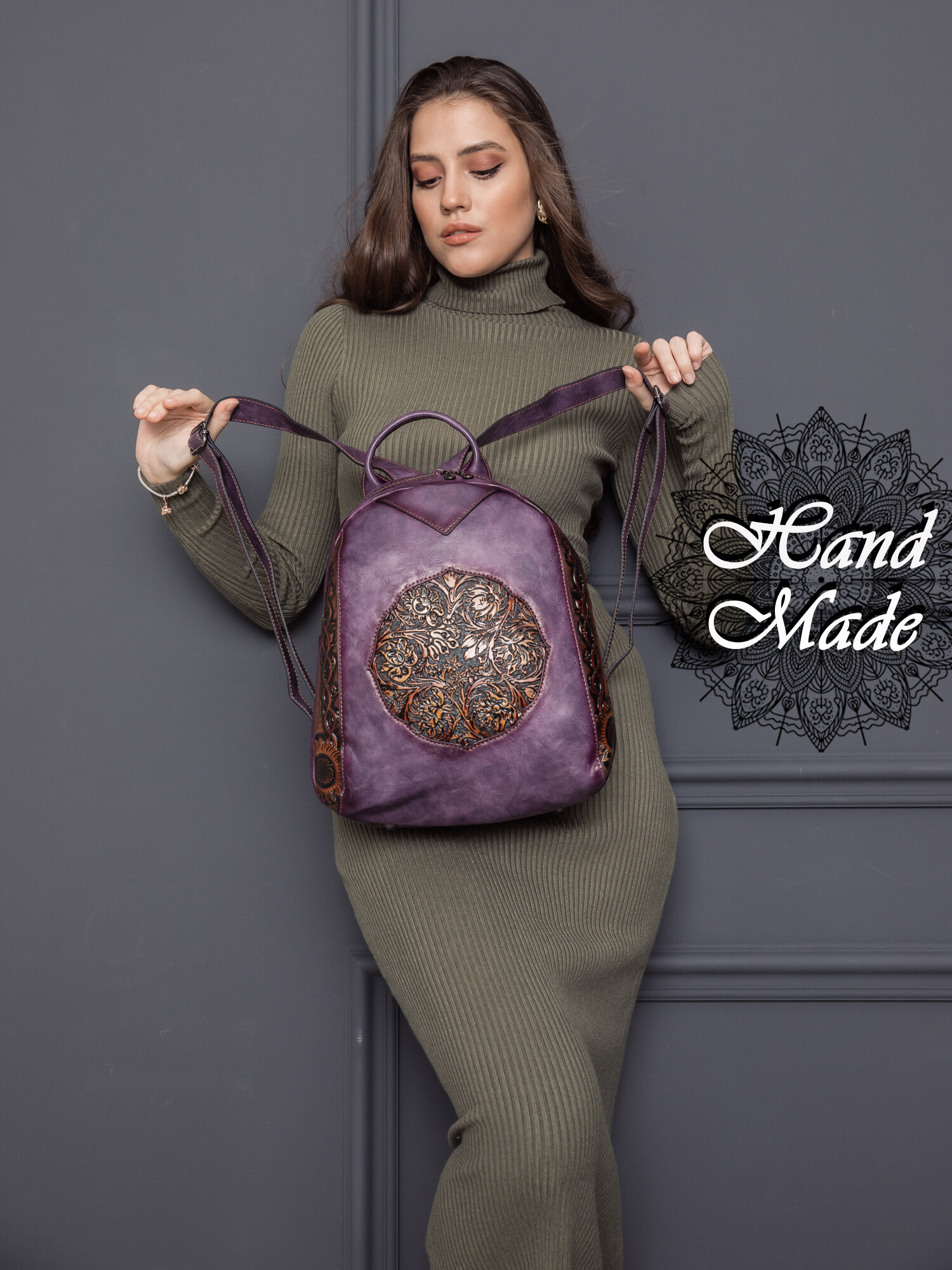 Рюкзак фиолетовый ретро винтажный ручной работы кожаный