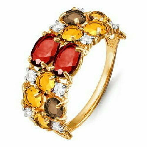 Кольцо Del'ta, красное золото, 585 проба, гранат, цитрин, фианит, размер 17 кольцо с аметистом гранатом топазом цитрином и фианитами