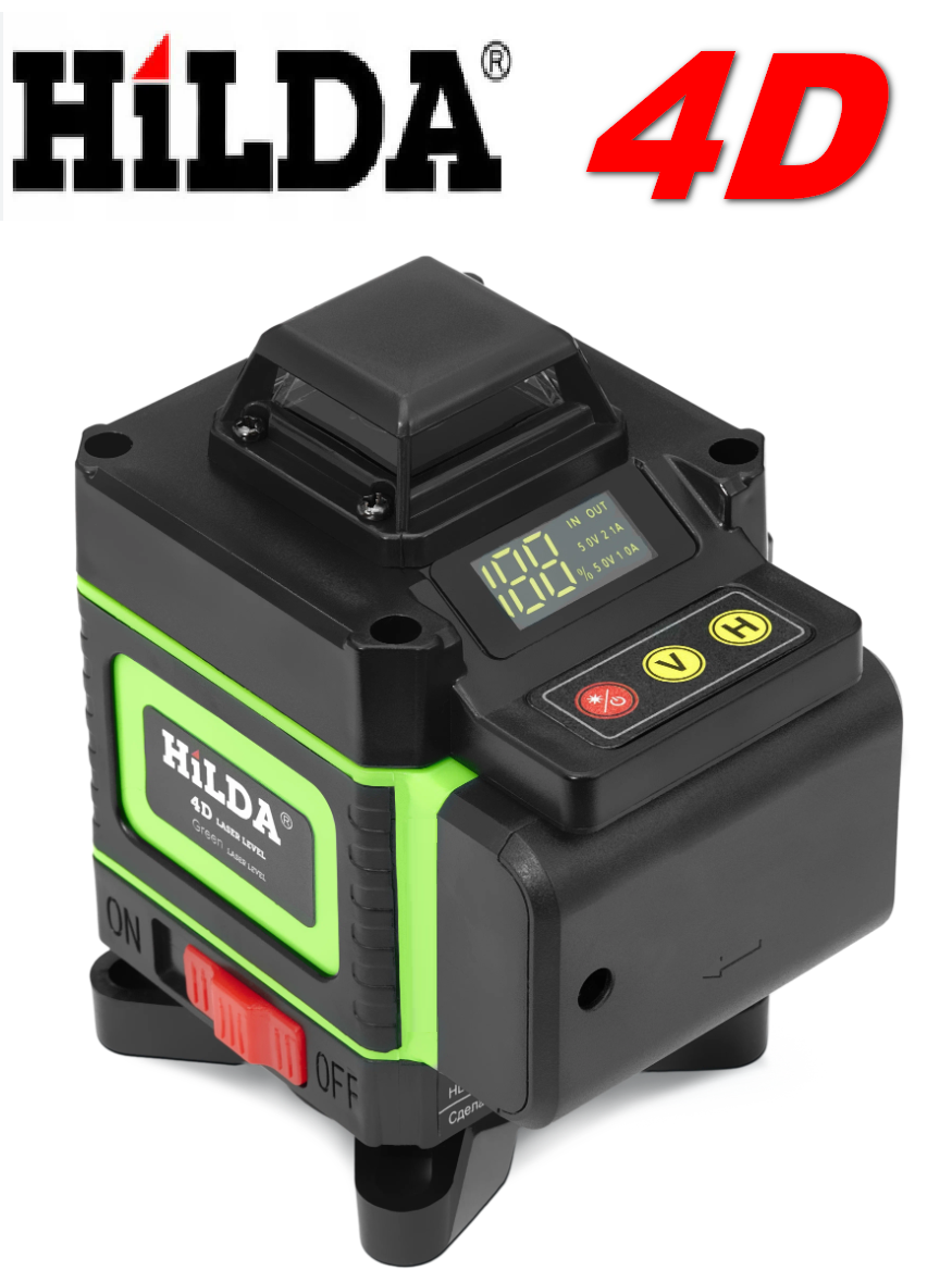 Лазерный уровень HILDA 4D 16 линий 2 аккумулятора 3000 мАч зеленый луч поверка