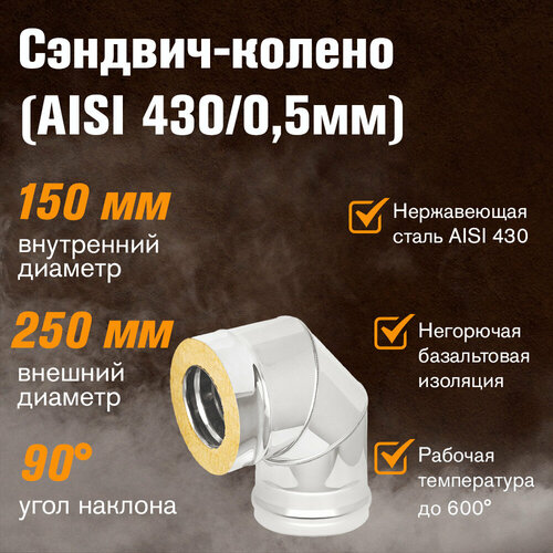 Сэндвич-колено Нержавейка+Нержавейка (AISI 430/0,5мм) 90 градусов 3 секции (150x250)