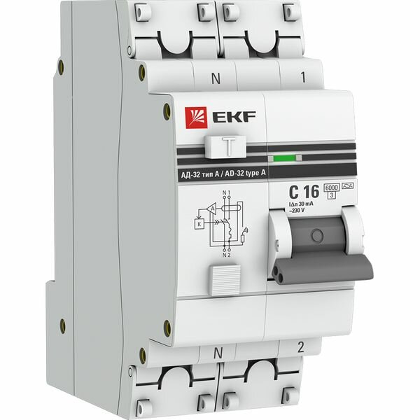 Дифавтомат АД-32 1P+N 16А/30мА ( C, A, электронный, защита 270В) 6кА EKF PROxima