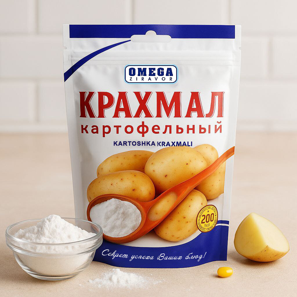 Крахмал картофельный OMEGA пищевой 200 г в дой-паке — для соусов, выпечки, кремов, десертов и загущения блюд