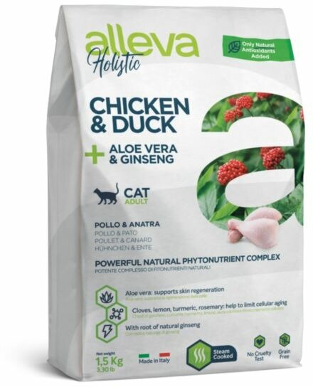 Alleva Holistic Cat Adult Chicken & Duck сухой корм для взрослых кошек с курицей и уткой, алое вера и женьшенем, 1,5 кг