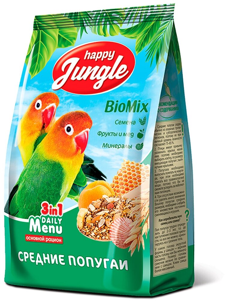 Happy Jungle Корм для средних попугаев Злаковое ассорти, 500 г.