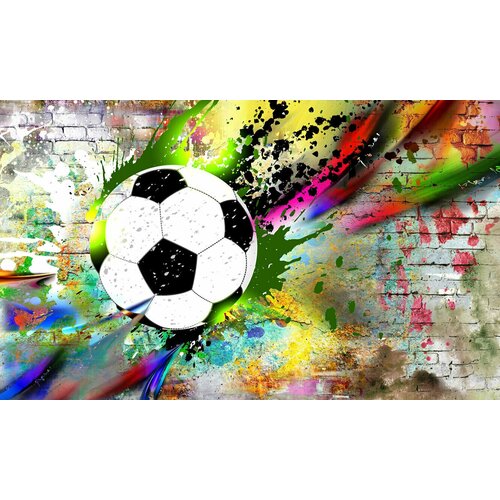 Моющиеся виниловые фотообои GrandPiK Мяч. Кирпичная стена. Брызги краски, 400х240 см