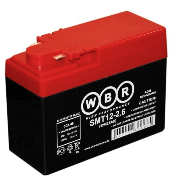 Аккумулятор WBR SMT 12-2.6 для мототехники (12В, 2.6Ач / 12V, 2.6Ah / стартерный ток 45А) YTX4A-BS
