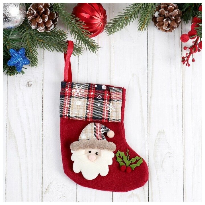 Носок для подарков "Рождественская песня" Дед Мороз 13х17 см красный