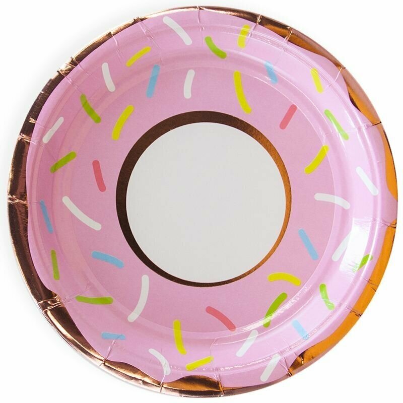 Тарелки одноразовые бумажные/Набор одноразовых бумажных тарелок для праздника (7''/18 см) Сладкий Пончик, Белый/Розовое золото, Металлик, 6 шт.