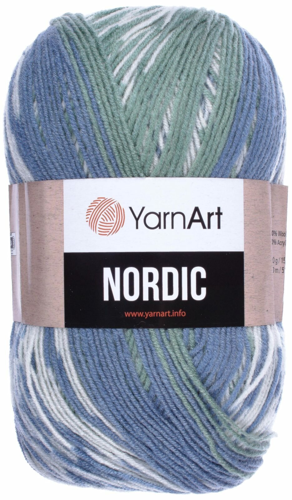 Пряжа Yarnart Nordic светло зеленый-джинс-белый (654), 20%шерсть/80%акрил, 510м, 150г, 1шт