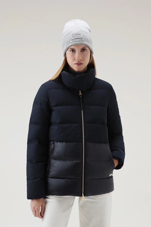 Пуховик Woolrich, укороченный, силуэт прямой, без капюшона, карманы, подкладка, водонепроницаемый, ветрозащитный, размер M, синий