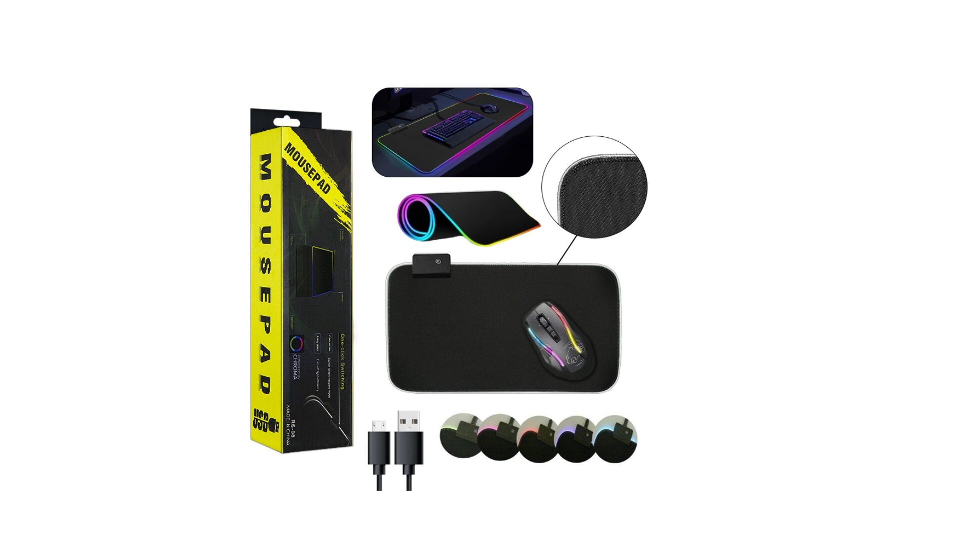 Коврик для игровой мышки с LED RGB подсветкой, 25*35 см, Черный