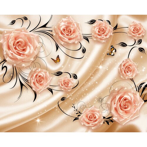 Моющиеся виниловые фотообои GrandPiK Розы на золотом шелке 3D, 350х280 см