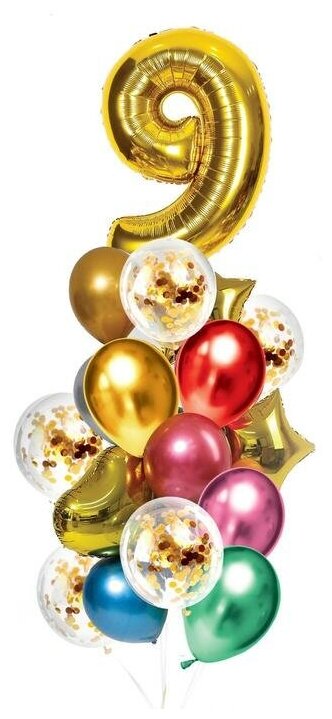 Букет из шаров «День рождения – 9 лет», фольга, латекс, набор 21 шт, цвет золотой