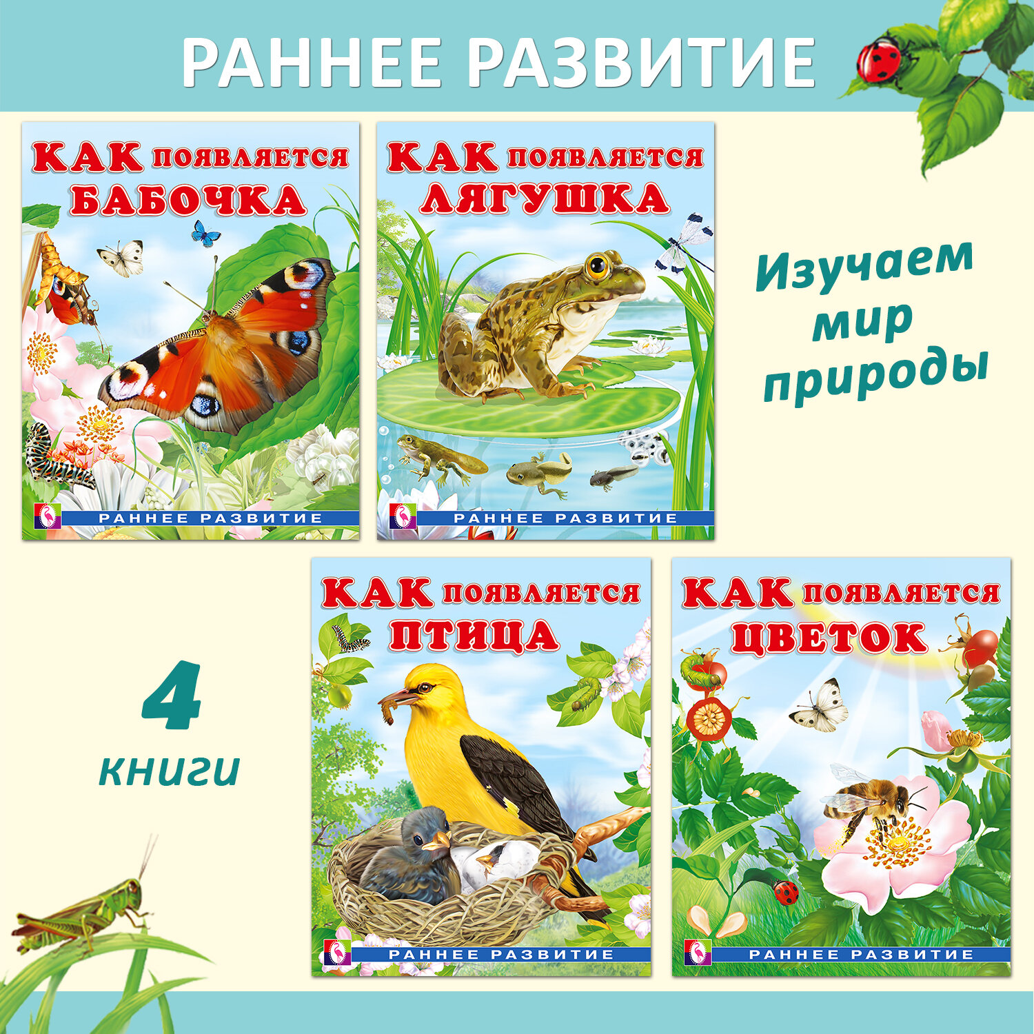 Познавательные книги для малышей Издательство Фламинго Как появляется бабочка, птица, лягушка, цветок Комплект из 4 книг Серия Раннее развитие