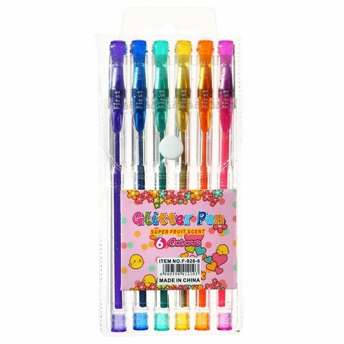 Набор гелевых ручек 6 цветов с блёстками в блистере на кнопке 555₽