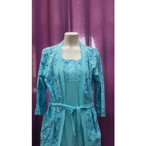 Пеньюар , размер 46, голубой комплект женский домашний сорочка на бретельках и халат на запахе пеньюар