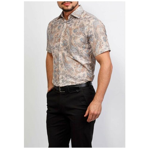 фото Рубашка мужская короткий рукав greg 523/309/2/z, полуприталенный силуэт / regular fit, цвет бежевый, рост 174-184, размер ворота 38