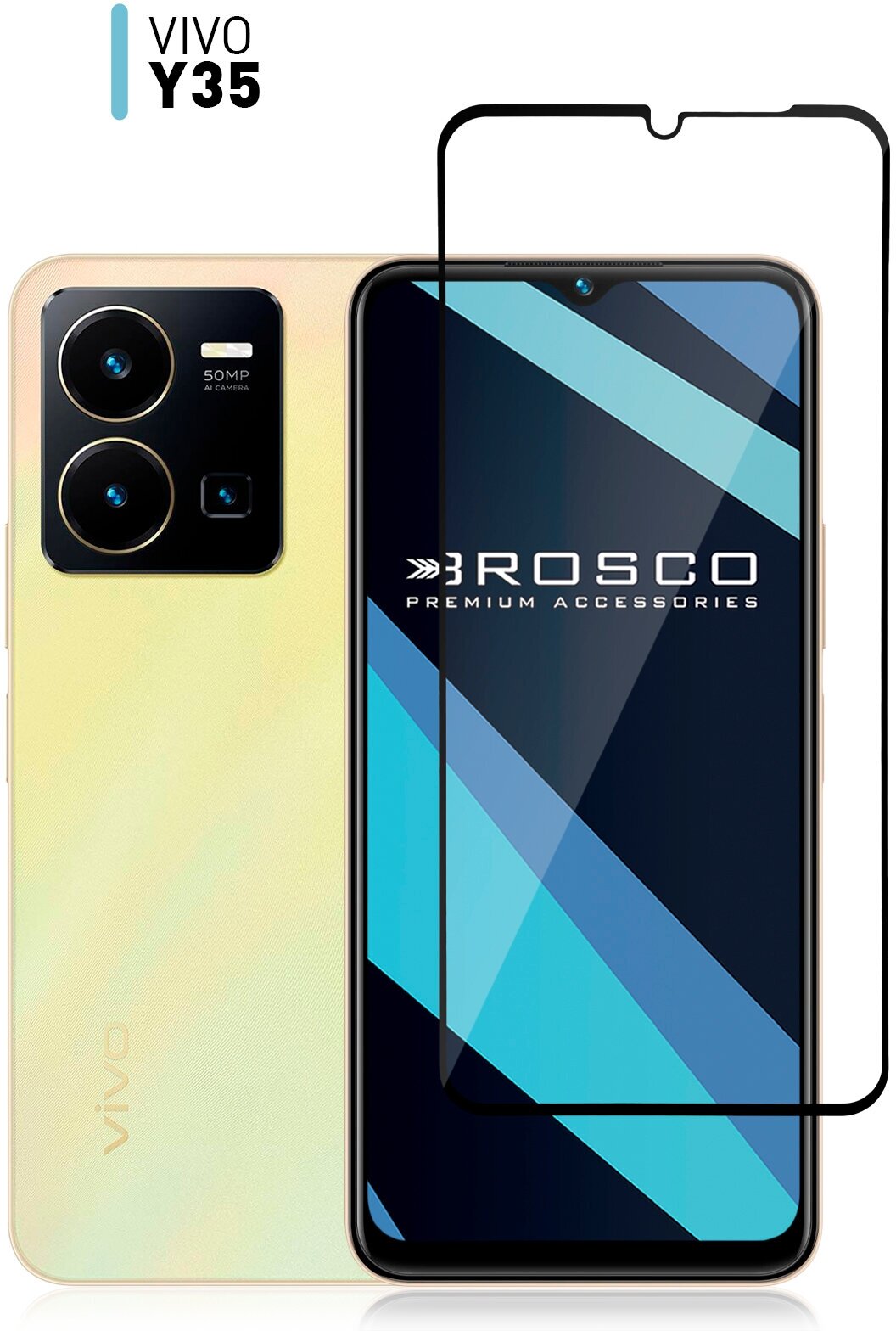 Защитное стекло ROSCO для Vivo Y35 (Виво У35) с премиальным олеофобным покрытием (легко наклеить), прозрачное с черной рамкой