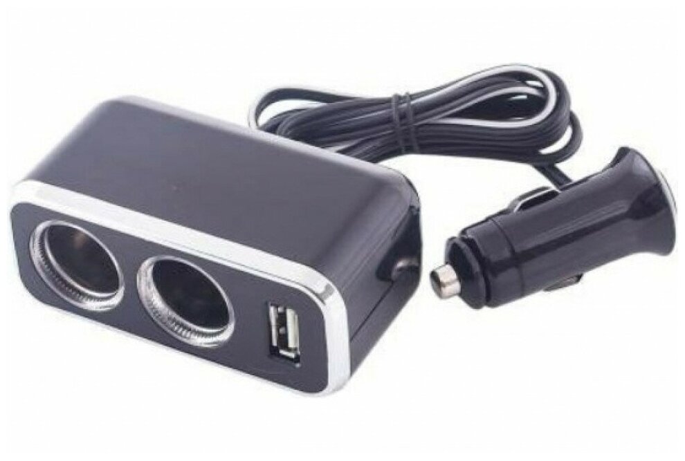 Разветвитель прикуривателя SKYWAY 2 гнезда + USB черный, предохранитель 10 А, USB 1 A S02301016