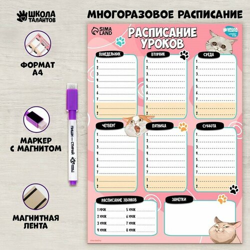 Расписание уроков «Милые кошечки» А4, многоразовое магнитное с маркером расписание уроков для школьников многоразовое расписание с маркером