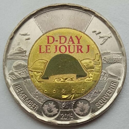 Канада 2 доллара 2019. 75 лет высадке союзников в Нормандии. Цветное покрытие монета канада 2 доллара 2019 год 75ая годовщина высадки в нормандии операция нептун 1944 года цветная
