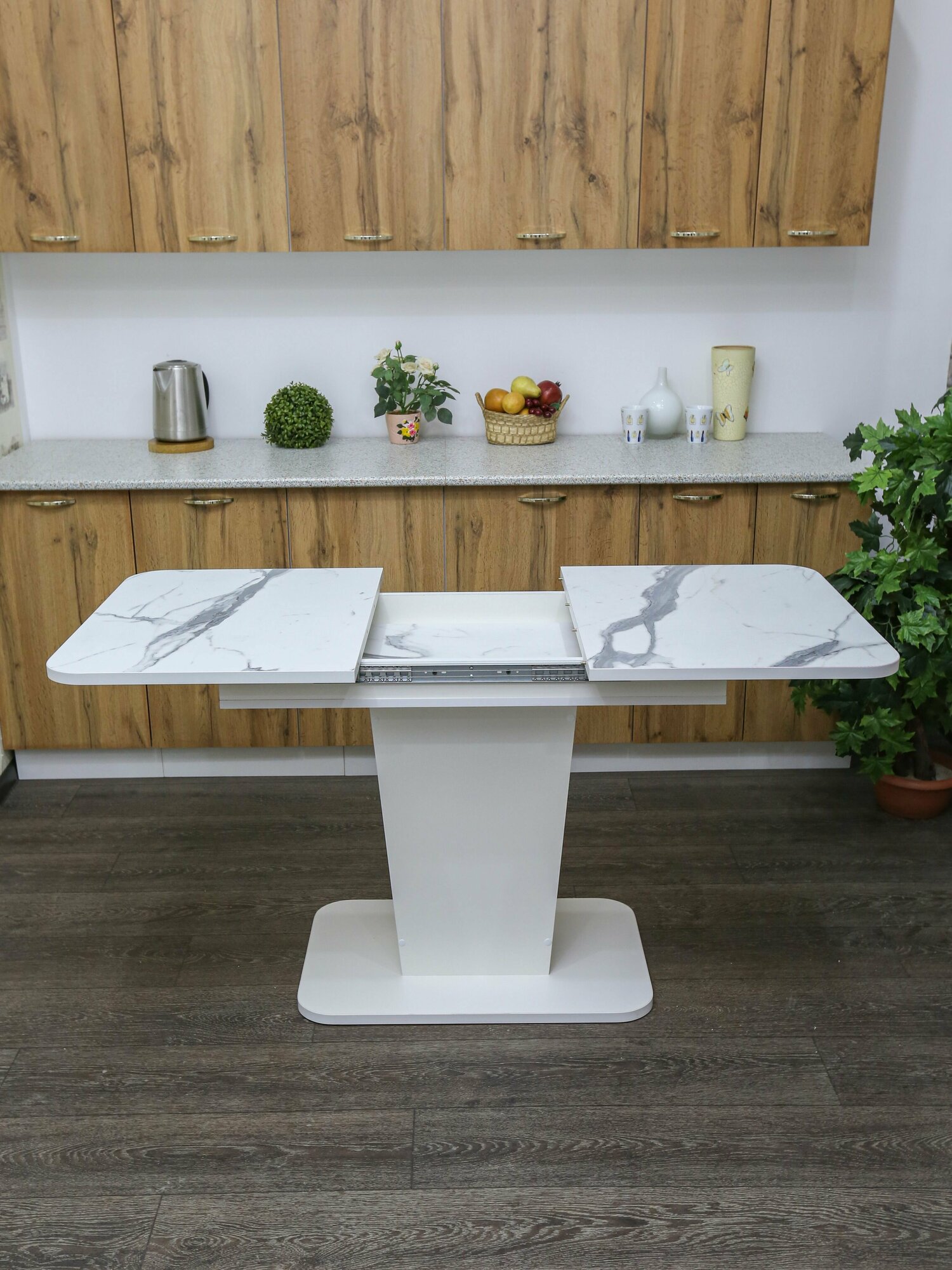 Стол кухонный Позитив раздвижной 1080(1370)*680*770 пластик белый мрамор, стол обеденный, стол раскладной, стол на одной ножке