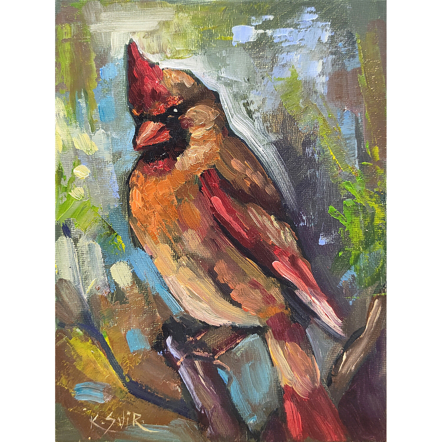 Картина маслом птица на ветке, кардинал, авторская ручная работа 15х20 см от SviksArt