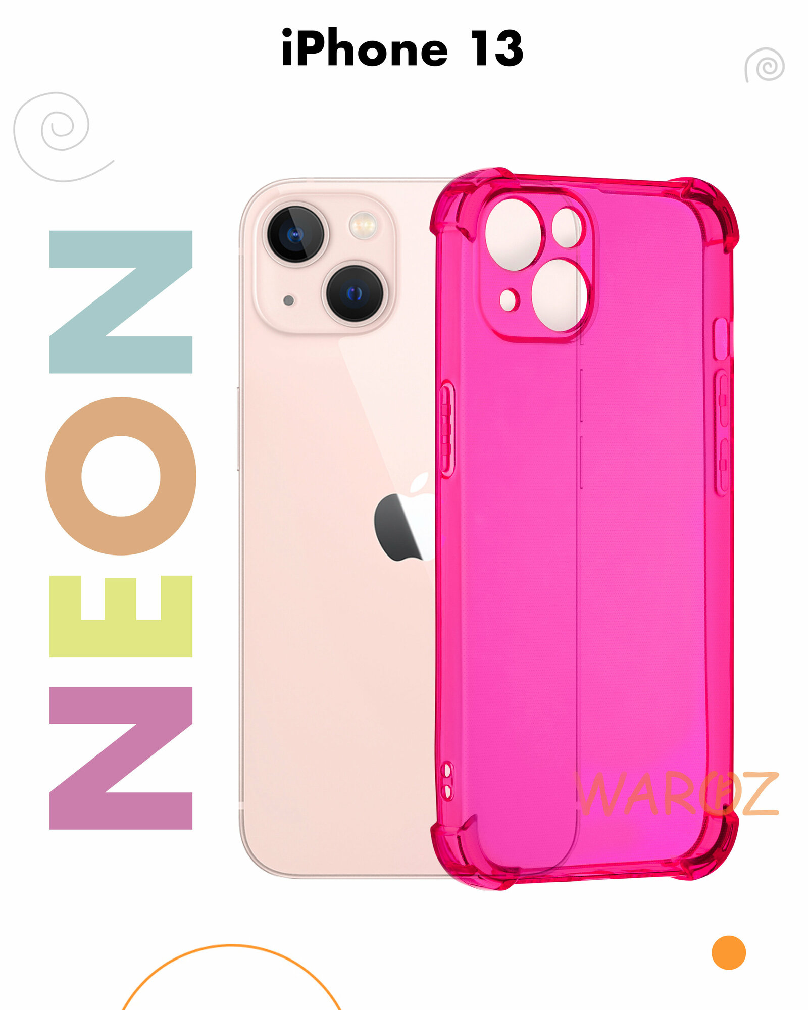 Чехол для смартфона Apple iPhone 13 силиконовый прозрачный противоударный с защитой камеры, бампер с усиленными углами для телефона Айфон 13, неон розовый