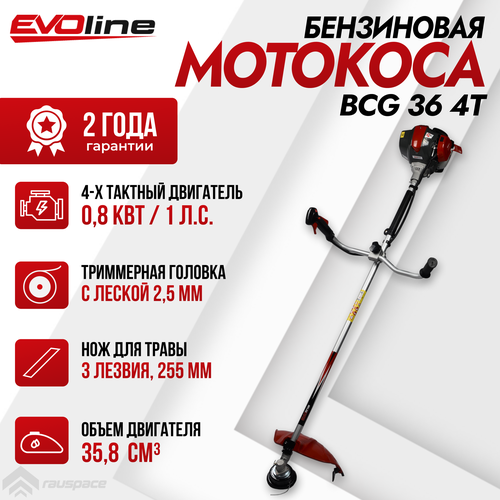 бензиновая мотокоса триммер evoline 0 8 квт 1 л с bcg25es Бензиновая мотокоса EVOline BCG 36 4T