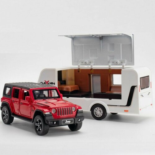 Машинка металлическая Jeep Rubicon 1:32 с прицепом, Коллекционная модель машины для взрослых, Игрушечный автомобиль с звуковыми и световыми эффектами для детей