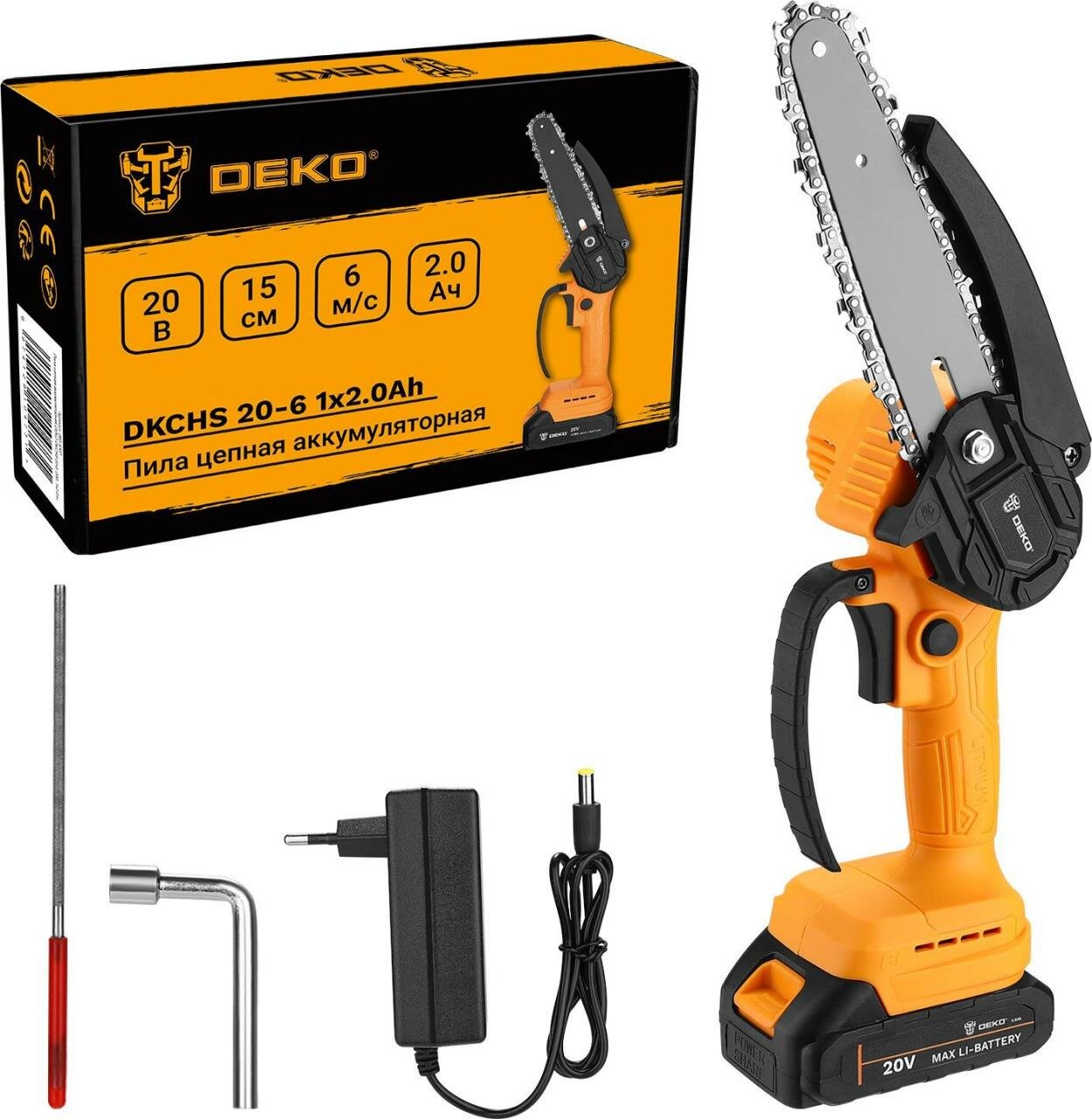 фото Пила садовая DEKO цепная аккумуляторная DKCHS 20-6, (20В, 2акк*2.0Ач, шина 15 см, цепь: шаг цепи 1/