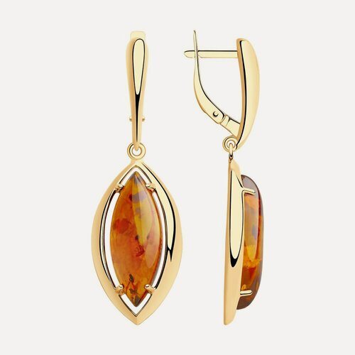 Изображение товара Серьги с подвесками, серебро, 925 проба, золочение, янтарь прессованный