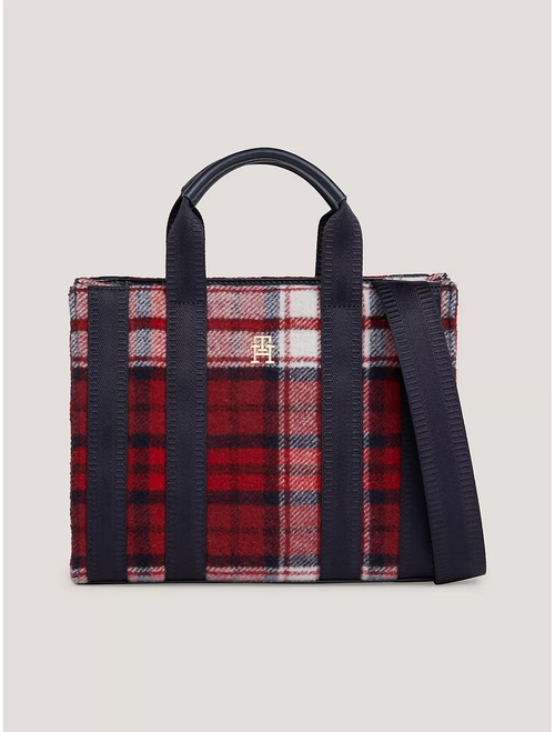 Сумка тоут TOMMY HILFIGER Plaid Small Logo Tote, фактура плетеная, вязаная, бордовый, мультиколор